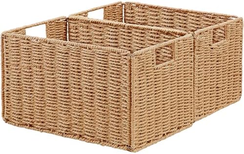 Vagusicc Wicker Storage Basket, Set of 2 Hand-Woven Paper Rope Wicker Basket, Small Storage Baskets for Organizing Toile