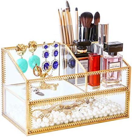 Golden Glass Box Vanity Tray Glass Case Makeup Display Organizer on Dresser, Multifunctional Cosmetic Storage for Palett