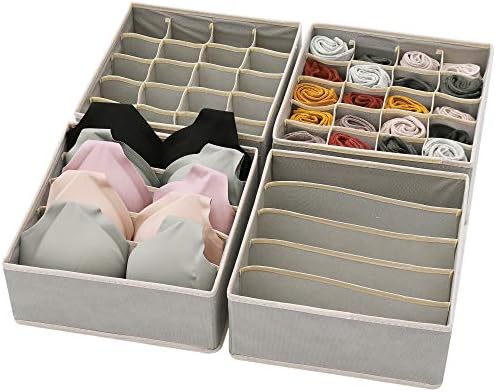 DIOMMELL Set of 4 Foldable Cloth Storage Box Closet Dresser Drawer Organizer Fabric Baskets Bins Containers Divider for Clothes Underwear Bras Socks Lingerie Clothing, Grey 22-0000