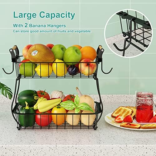 ANTOPY 2 Tier Fruit Basket with 2 Banana Hangers, Countertop Fruit Vegetable Basket Bowl for Kitchen Counter Metal Wire 