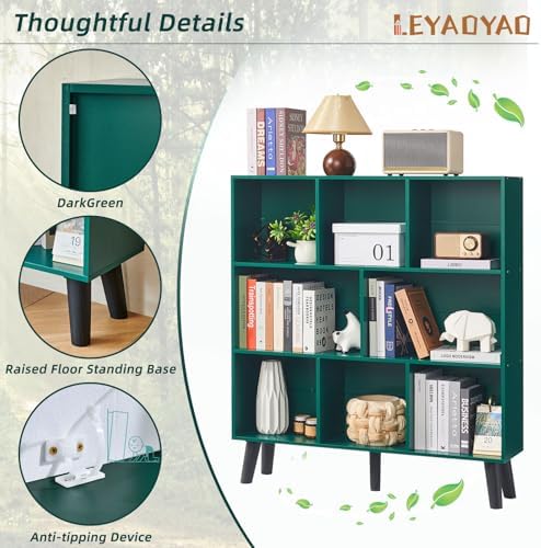 LEYAOYAO 8 Cube Bookshelf,Mid-Century Modern Bookcase with Legs,Dark Green