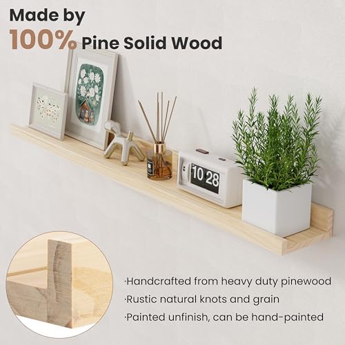 Floating Shelves for Wall, 16 inch Solid Wood Picture Ledge Shelf, Picture Shelf for Wall with Ledge, Floating Book Shelves for living room Bedroom Kitchen Nursery Decor, Natural Unfinished, Set of 2