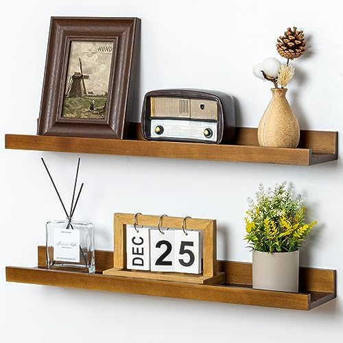 FLYJOE Picture Ledge Wall Shelves 24 inch Width Set of 2, Solid Pine Wood Rustic Floating Ledge Shelves for Wall for Kids' Room Bedroom Kitchen Bathroom Living Room Nursery Display Wall Decor, Walnut