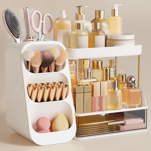HBlife Bathroom Organizers and Storage with Brush Holder for Vanity, 3 Tier Plastic Makeup Organizer for Dresser Counter