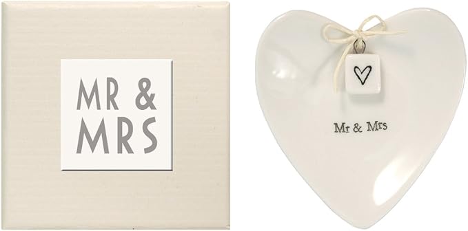 East of India Mr & Mrs Heart-Shaped Ring Dish in Gift Box, Porcelain
