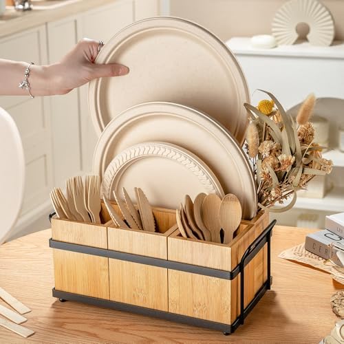 PTSTING Silverware Caddy Wood Utensil Holder Paper Plate Dispenser Silverware Utensil Caddy Cutlery Flatware Organizer B