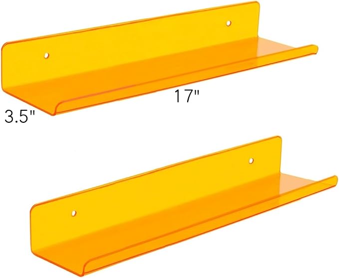 ROYALITA 2-Pack Acrylic Shelves Wall Mounted, 17 Inch Display Shelves | for Small Items Plants Organize Wall Shelves for Gaming Room, Bedroom, Living Room, Office, Orange