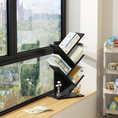 SHEEPAM Small Tree Book Shelf,5 Tier Bookshelf, Wood Desktop Bookcase