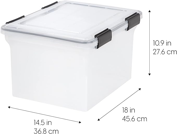 IRIS USA WeatherPro Storage File Box, 32 Qt. 6-Pack, Clear/Black | Protect files, documents and important records with weather resistant storage, secure latches and stackable organization