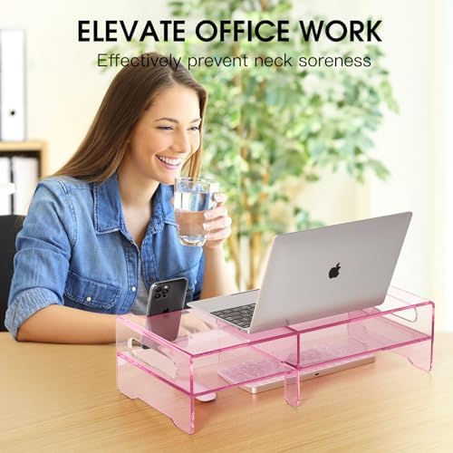 Pink Acrylic Monitor Riser, 2-Tier Desk Computer Stand With Storage & Phone Holder