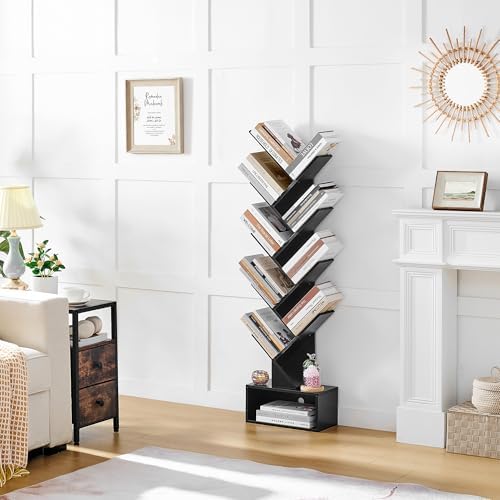 Hoctieon 9 Tier Tree Bookshelf, Tall Bookcase with Drawer, Wood Book Shelf, Modern Floor Standing Bookshelves, Book Orga