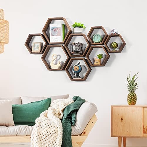 Hexagon Floating Shelves Set of 8 Wood Hexagonal Shelves Brown Wall Decor and Storage Racks for Living Room Floating Hon