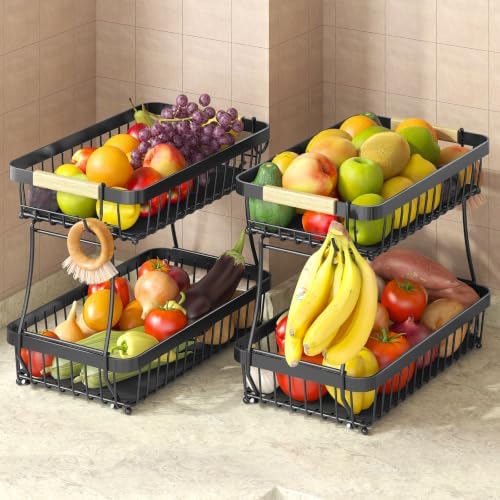 Sevenblue 2 Pack Fruit Basket with Banana Hangers, Detachable Metal Bowl