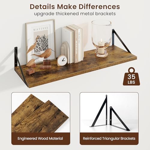 Axeman 30 Inch Floating Shelves, 10 Inch Deep Brown Wall Shelves Set of 2