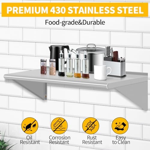 14" D x 36" W Stainless Steel Wall Mounted Shelves, Floating Shelving with Brackets, Commercial Shelf Perfect for Restau