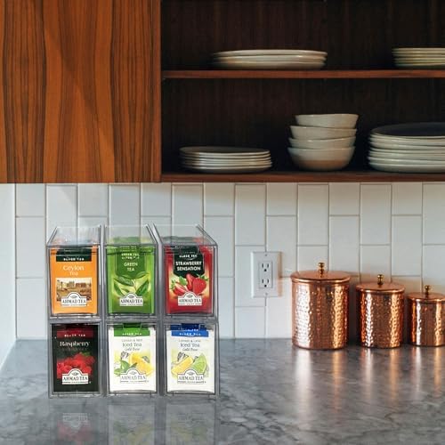 AZEZO 6-Pack Tea Bag Drawers Organizer - 6 Clear Plastic Drawer Tea Bag Holder; Stackable & Portable; Wider Size; Well-O