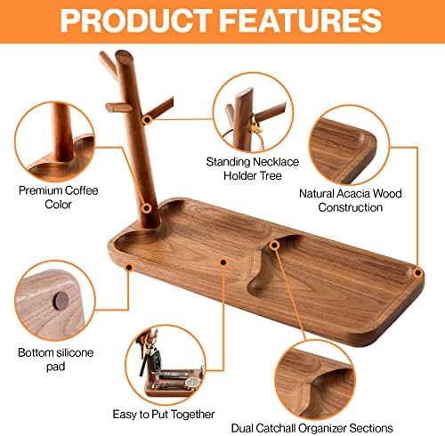 Walnut Wood Key Tray for Entryway Table, Jewelry Tray, Catchall Tray with 3 Stand Hanging Organizer, for Rings, Phone, B