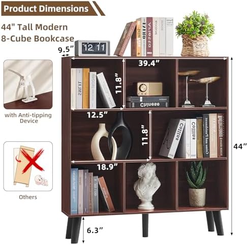 LEYAOYAO 8 Cube Bookshelf, Mid-Century Modern Book Shelf with Legs, Walnut