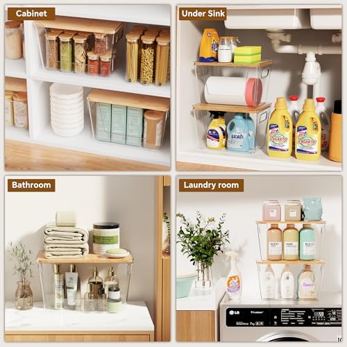 Criusia 2 Set Pantry Organizers and Storage with Bamboo Lids, Stackable Clear Bins for Onion, Potato, Fruit, Vegetables,