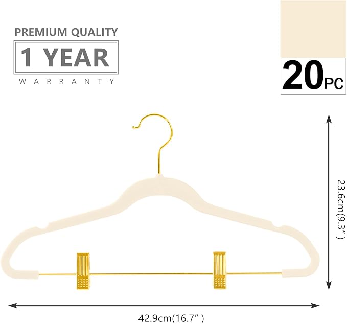 MIZGI Premium Velvet Pants Hangers with Adjustable Clips (Pack of 20) - Slim Skirt Hangers - Non Slip Felt - Ivory/Gold