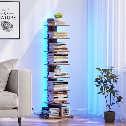 TUTOTAK Book Shelf, Narrow Spine Bookshelf, 8-Tier Bookcase with LED Lights