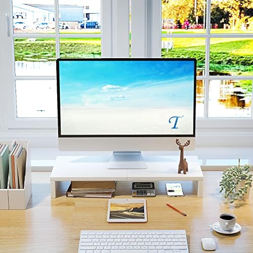 TEAMIX 20 inch White Monitor Stand Riser, Wood Desktop Computer Stand