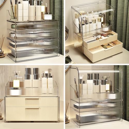 DASITON Clear Dustproof Two layers Storage Box,Makeup Brush Holder,Large Capacity Desktop Storage Box with Drawer,for Be