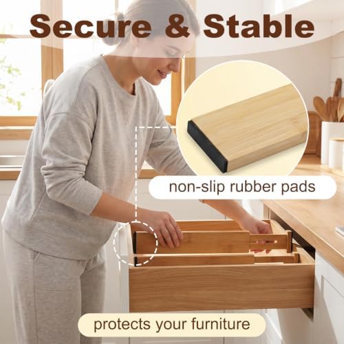 Joyeee Kitchen Drawer Dividers 8 Pack, 16.9-22" Adjustable Bamboo Drawer Organizer, 2.28" High Expandable Utensils Separ