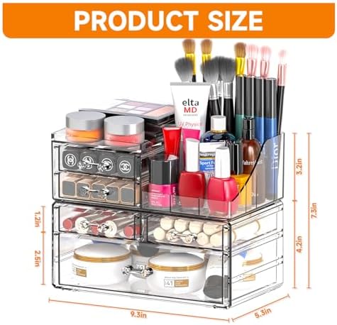 Cq acrylic Clear Make up Organizers for Vanity,Skincare Organizer With 5 Drawers for Dresser,Plastic Cute Desk Accessori