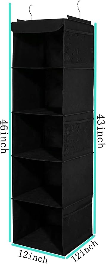BrilliantJo 2 Pack Hanging Closet Organizer, 5 Shelves Hanging Storage with 6 Side Pockets for Clothes Shoes, 43"x12"x12"(Black)