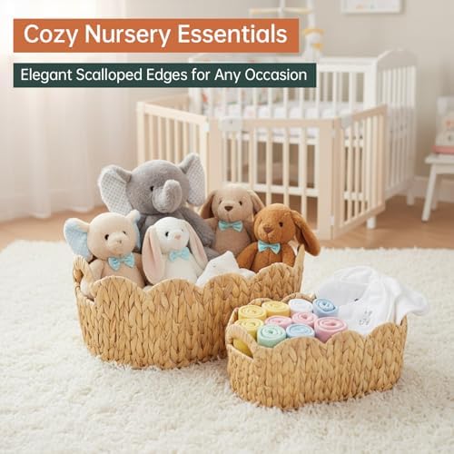 Coeusy Scalloped Basket Set of 2,Water Hyacinth Basket for Organizing and Decor,Hand-Woven Wicker Storage Baskets with B