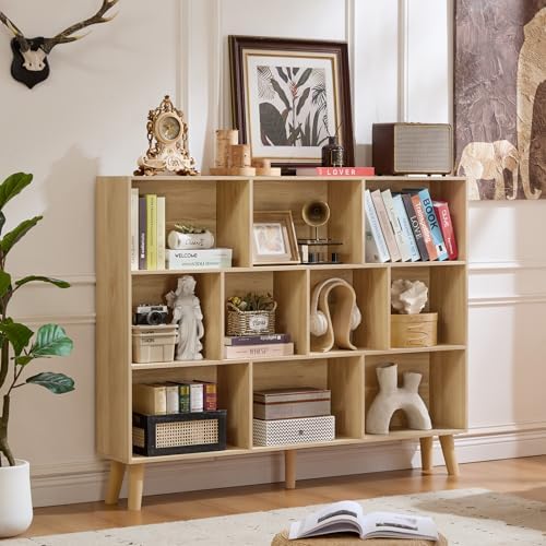 LEYAOYAO 10 Cube Bookshelf,Mid-Century Modern Bookcase with Legs,Light Wood