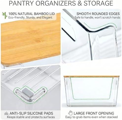 CiWiVOKi 6 Pack Clear Stackable Storage Bins with Bamboo Lids, Trash Bag Holder Dispenser Under Sink Organizer for 4-13 