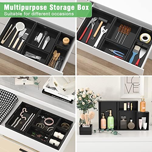 Black Bamboo Bathroom Drawer Organizer, Wooden Kitchen Utensil Holder Set of 5, Stackable Junk Drawer Organizer Tray, Mu