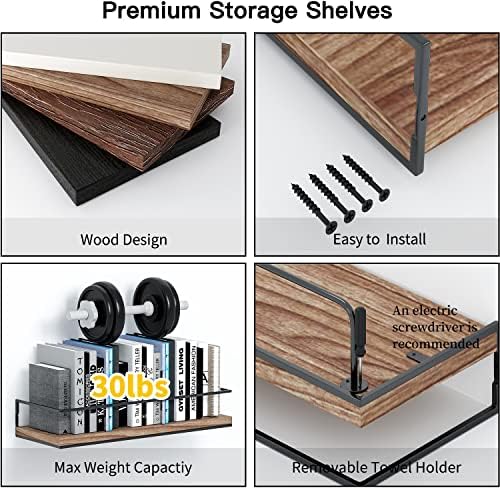 Shario Rustic Wood Floating Shelves - Set of 2, Wall Mounted Hanging Shelves with Black Towel Rack, Decorative Storage S