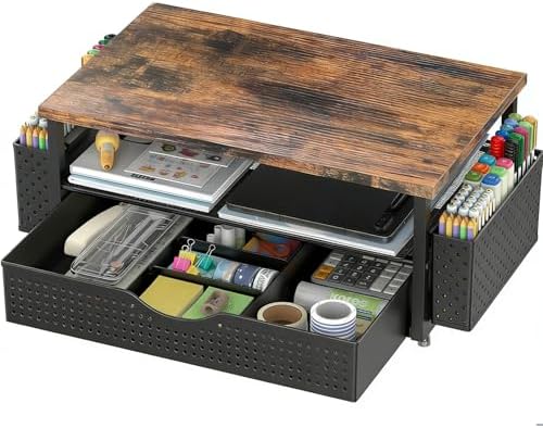 Spacrea Computer Monitor Stand with Drawer and 2 Pen Holders, Wood