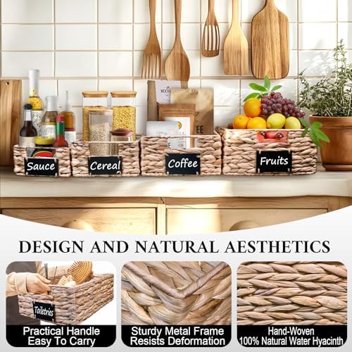 Set of 4 Sizes Hand-Woven Pantry Shelf Baskets, Hyacinth Storage Baskets with Chalkboard Labels & 2 Chalk Markers, Wicke