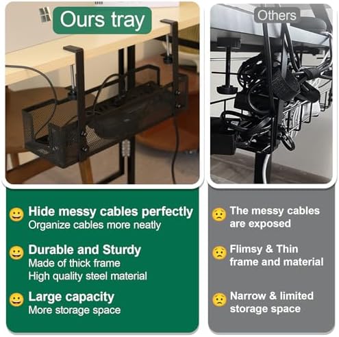 No Drill Under Desk Cable Management Tray with clamp-Premium Wire Tray Cord Organizer – Thin Steel Cable Tray Basket wit