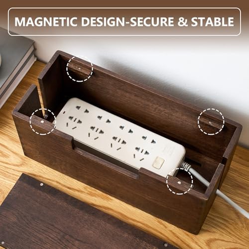 Oak Wood Cable Management Box - Large Cord Hider & Organizer with Magnetic Lid for Desk & Floor Cables in Home Office, L