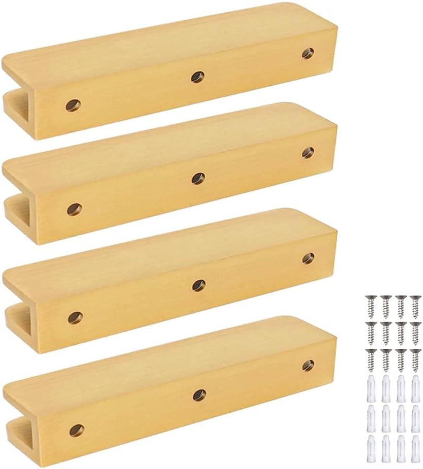 LukLoy Solid Brass Glass Shelf Bracket with 3 Screw Holes, Adjustable Glass Clip for 6mm-10mm Glass (Brush Gold, Pack of