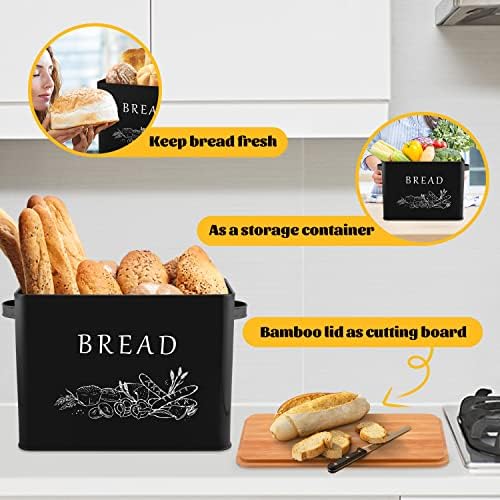 E-far Bread Box, Metal Bread Storage Container Bin with Bamboo Lid, Black