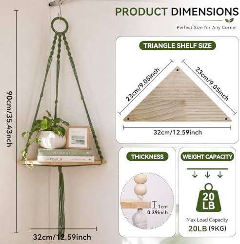 Artilady Macrame Corner Shelf Wall Hanging, Adjust Green Boho Wall Decor
