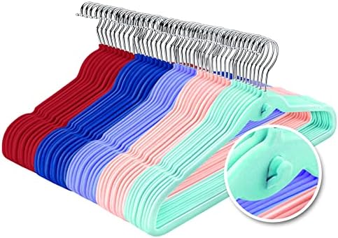 Multi-Color Premium Velvet Hangers with Mini Hooks, Pack of 50, Non Slip, Space Saving Cascading Clothes Hangers, 5 Colors, Pink, Lavender, Navy Blue, Red Burgundy and Mint Green