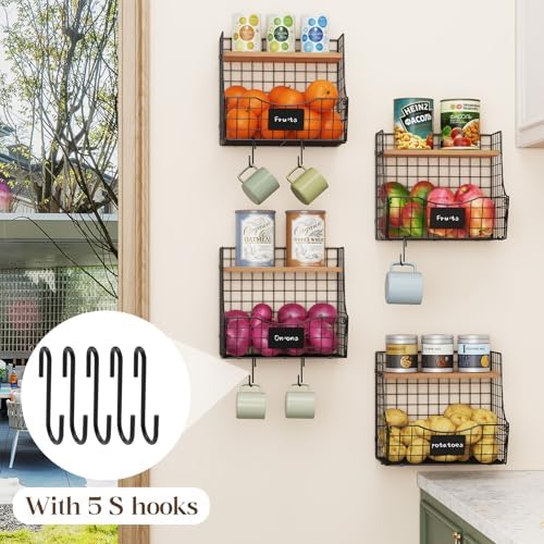4 Pack Fruit Basket for Kitchen with Lid, Counter&Wall Mounted Hanging Fruit Basket, Potato and Onion Storage, Metal Wir