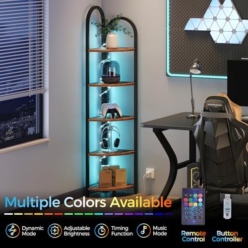 MAHANCRIS 5-Tier Corner Shelf with LED Light, 64.6'' Tall Corner Bookshelf, Narrow Storage Shelf with Metal Frame, for L