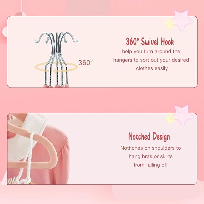 Stormix Baby Velvet Hangers 30 Pack, Kids Non-Slip Felt Hangers with Shoulder Notches, Thin Space Saving Hangers for Closet Organization, 360° Swivel Hook for Toddler's Clothes - Pink