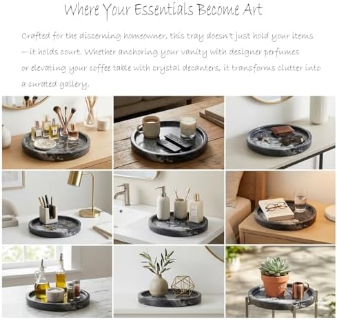 Round Grooved Marble Tray, 10-Inch Polished Natural Stone Serving Platter | Heavyweight 5lb Decorative Vanity Tray for K