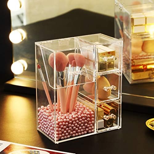 HOSEN Acrylic Makeup Organizer and Brush Holder With Lid Make up Organizer With Pearls Cosmetics Organizer Makeup Brushe