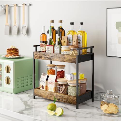 KLM Countertop Coffee Station Organizer, 2 Tier Wooden Shelf for Coffee Bar Accessories, Condiment Storage Caddy for Kit