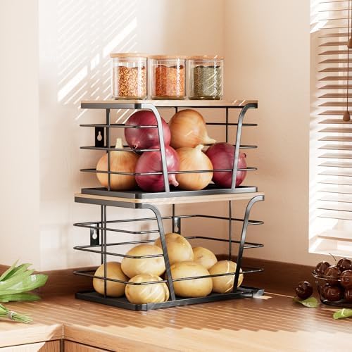 2 Pack Potato and Onion Storage Bins, Stackable Kitchen and Pantry Organizer with Bamboo Top & Lightweight PP Mat, for V